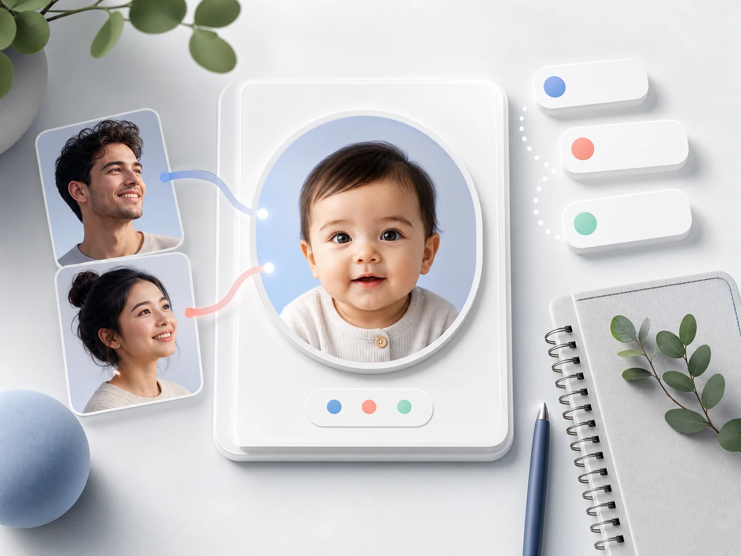 Baby name generator cards beside a future baby preview